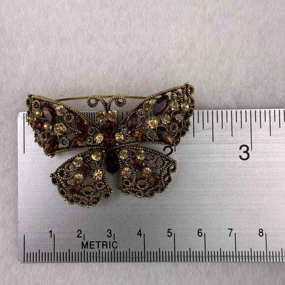 Vintage Ornate Butterfly Rhinestone Brooch Amber & Champagne Crystal Gold Tone - Picture 4 of 4